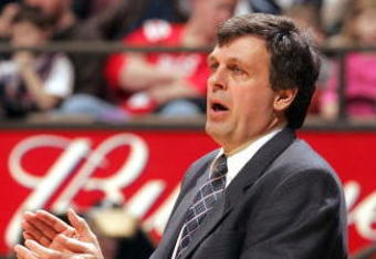 EAST RUTHERFORD , NJ - MARCH 26:  Head coach Kevin McHale of the Minnesota Timberwolves applaudes his teams effort during their game against the New Jersey Nets on March 26, 2005 at Continental Airlines Arena in East Rutherford, New Jersey.  NOTE TO USER:  User expressly acknowledges and agrees that, by downloading and/or using this Photograph, user is consenting to the terms and conditions of the Getty Images License Agreement.  (Photo by Jim McIsaac/Getty Images)