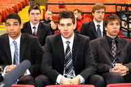 PITTSBURGH - JUNE 02:  (L-R) NHL top prospects Evander Kane, Matt Duchene, John Tavares, Victor Hedman and Brayden Schenn watch the Pittsburgh Penguins and Detroit Red Wings Team Practices before Game 3 of the 2009 NHL Stanley Cup Finals at Mellon Arena on June 2, 2009 in Pittsburgh, Pennsylvania.  (Photo by Harry How/Getty Images)