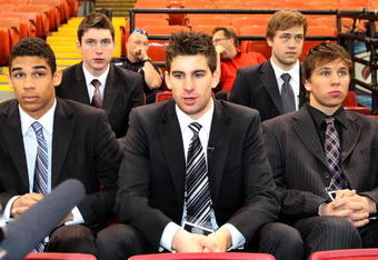 PITTSBURGH - JUNE 02:  (L-R) NHL top prospects Evander Kane, Matt Duchene, John Tavares, Victor Hedman and Brayden Schenn watch the Pittsburgh Penguins and Detroit Red Wings Team Practices before Game 3 of the 2009 NHL Stanley Cup Finals at Mellon Arena on June 2, 2009 in Pittsburgh, Pennsylvania.  (Photo by Harry How/Getty Images)