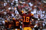 PASADENA, CA - JANUARY 01:  Damian Williams #18 of the USC Trojans celebrates a touchdown at the end of the first half against the Penn State Nittany Lions during the 95th Rose Bowl Game presented by Citi on January 1, 2009 at the Rose Bowl in Pasadena, California.  (Photo by Harry How/Getty Images)