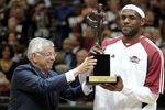 CLEVELAND - MAY 05:  LeBron James #23 of the Cleveland Cavaliers receives 2008-2009 MVP trophy from NBA Commissioner David Stern prior to playing the Atlanta Hawks in Game One of the Eastern Conference Semifinals during the 2009 NBA Playoffs at Quicken Loans Arena on May 5, 2009 in Cleveland, Ohio.  NOTE TO USER: User expressly acknowledges and agrees that, by downloading and or using this photograph, User is consenting to the terms and conditions of the Getty Images License Agreement.  (Photo by Gregory Shamus/Getty Images)