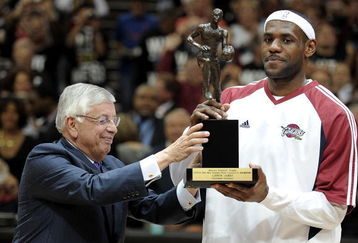 CLEVELAND - MAY 05:  LeBron James #23 of the Cleveland Cavaliers receives 2008-2009 MVP trophy from NBA Commissioner David Stern prior to playing the Atlanta Hawks in Game One of the Eastern Conference Semifinals during the 2009 NBA Playoffs at Quicken Loans Arena on May 5, 2009 in Cleveland, Ohio.  NOTE TO USER: User expressly acknowledges and agrees that, by downloading and or using this photograph, User is consenting to the terms and conditions of the Getty Images License Agreement.  (Photo by Gregory Shamus/Getty Images)