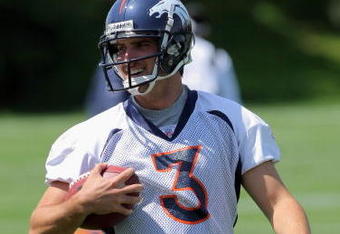 ENGLEWOOD, CO - JUNE 12:  Quarterback Tom Brandstater #3 of the Denver Broncos warms up during minicamp practice at the Broncos Dove Valley training facility on June 12, 2009 in Englewood, Colorado.  (Photo by Doug Pensinger/Getty Images)