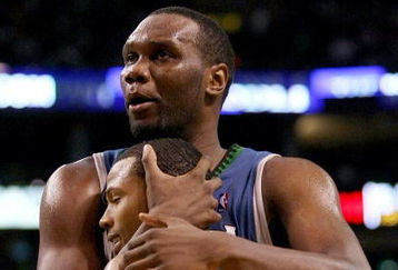 BOSTON - FEBRUARY 01:  Al Jefferson #25 and Sebastian Telfair #3 of Minnesota Timberwolves celebrate a foul called against the Boston Celtics on February 1, 2009 at TD Banknorth Garden in Boston, Massachusetts. NOTE TO USER: User expressly acknowledges and agrees that, by downloading and or using this Photograph, user is consenting to the terms and conditions of the Getty Images License Agreement.  (Photo by Elsa/Getty Images)