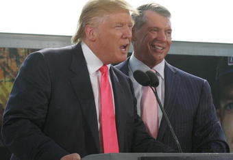 GREEN BAY, WI - JUNE 22:  Vince McMahon (L) and Donald Trump attend a press conference about the WWE at the Austin Straubel International Airport on June 22, 2009 in Green Bay, Wisconsin.  (Photo by Mark A. Wallenfang/Getty Images)