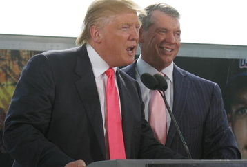 GREEN BAY, WI - JUNE 22:  Vince McMahon (L) and Donald Trump attend a press conference about the WWE at the Austin Straubel International Airport on June 22, 2009 in Green Bay, Wisconsin.  (Photo by Mark A. Wallenfang/Getty Images)