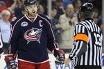 COLUMBUS, OHIO - APRIL 23:  Rick Nash #61 of the Columbus Blue Jackets reacts to a late call to referee Dan O'Halloran #13 against the Detroit Red Wings during Game Four of the Western Conference Quarterfinals of the 2009 Stanley Cup Playoffs on April 23, 2009 at the Nationwide Arena in Columbus, Ohio. The Red Wings defeated the Blue Jackets 6-5 on a late goal by Johan Franzen to eliminate the Blue Jackets 4 games to 0. (Photo by Claus Andersen/Getty Images