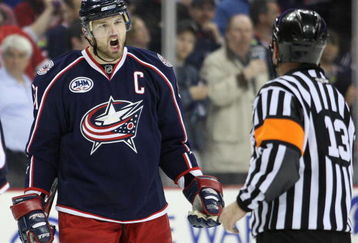 COLUMBUS, OHIO - APRIL 23:  Rick Nash #61 of the Columbus Blue Jackets reacts to a late call to referee Dan O'Halloran #13 against the Detroit Red Wings during Game Four of the Western Conference Quarterfinals of the 2009 Stanley Cup Playoffs on April 23, 2009 at the Nationwide Arena in Columbus, Ohio. The Red Wings defeated the Blue Jackets 6-5 on a late goal by Johan Franzen to eliminate the Blue Jackets 4 games to 0. (Photo by Claus Andersen/Getty Images