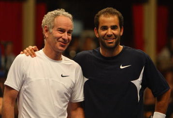LONDON - DECEMBER 03:  Tennis legends, John McEnroe and Pete Sampras of United States pose for photos before the BlackRock Masters Tennis at the Royal Albert Hall on December 3, 2008 in London, England.  (Photo by Julian Finney/Getty Images)