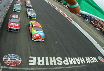 LOUDON, NH - SEPTEMBER 14:  Kyle Busch, driver of the #18 M&M's Toyota, leads the field to start during the NASCAR Sprint Cup Series Sylvania 300 at New Hampshire Motor Speedway on September 14, 2008 in Loudon, New Hampshire.  (Photo by Chris Trotman/Getty Images for NASCAR)