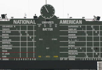 CHICAGO - JUNE 15:  General view shot of the centerfield out of town scoreboard at the Chicago Cubs home field of Wrigley Field in Chicago, Illinois on June 15, 2004.  (Photo by: Getty Images)