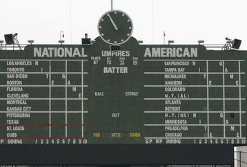 CHICAGO - JUNE 15:  General view shot of the centerfield out of town scoreboard at the Chicago Cubs home field of Wrigley Field in Chicago, Illinois on June 15, 2004.  (Photo by: Getty Images)