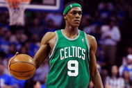 ORLANDO, FL - MAY 14:  Rajon Rondo #9 of the Boston Celtics sets up the offense in Game Six of the Eastern Conference Semifinals during the 2009 NBA Playoffs against the Orlando Magic at Amway Arena on May 14, 2009 in Orlando, Florida.  NOTE TO USER: User expressly acknowledges and agrees that, by downloading and/or using this Photograph, user is consenting to the terms and conditions of the Getty Images License Agreement.  (Photo by Sam Greenwood/Getty Images)