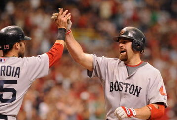 ST. PETERSBURG, FL - MAY 3: Infielder Kevin Youkilis #20 of the Boston Red Sox celebrates a home run against the Tampa Bay Rays May 3, 2009 at Tropicana Field in St. Petersburg, Florida. (Photo by Al Messerschmidt/Getty Images)