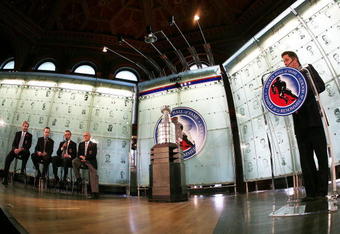 TORONTO - NOVEMBER 10: (L-R) Hall of Fame 2008 inductees Glenn Anderson, Jeff Chynoweth (son of inductee Ed Chynoweth), Igor Larionov and Ray Scapinello take part in a press conference moderated by Gord Stellick at the Hockey Hall of Fame November 10, 2008 in Toronto, Ontario, Canada.  (Photo by Bruce Bennett/Getty Images)