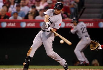 ANAHEIM, CA - MAY 13:  Jacoby Ellsbury #46 of the Boston Red Sox gorunds out but bats in a run in the second inning against the Los Angeles Angels of Anaheim on May 13, 2009 at Angel Stadium in Anaheim, California.   (Photo by Stephen Dunn/Getty Images)