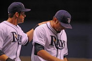 ST. PETERSBURG, FL - APRIL 30: Infielder Evan Longoria #3 talks with pitcher Matt Garza  #22 of the Tampa Bay Rays against the Boston Red Sox April 30, 2009 at Tropicana Field in St. Petersburg, Florida.  (Photo by Al Messerschmidt/Getty Images)