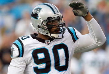 CHARLOTTE, NC - AUGUST 09: Julius Peppers #90 of the Carolina Panthers motions on the field during the game against the Indianapolis Colts at Bank of America Stadium on August, 9, 2008 in Charlotte, North Carolina.  (Photo by: Kevin C. Cox/Getty Images)
