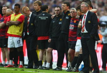 LONDON, ENGLAND - APRIL 19:  Sir Alex Ferguson manager of Manchester United (R) looks on in the penalty shoot out during the FA Cup sponsored by E.ON Semi Final match between Everton and Manchester United at Wembley Stadium on April 19, 2009 in London, England.  (Photo by Jamie McDonald/Getty Images)