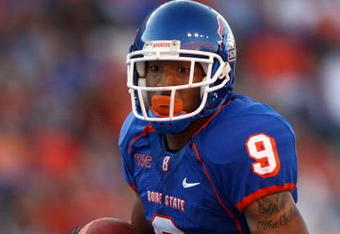 BOISE , ID - SEPTEMBER 13: Jeremy Childs #9 of the Boise State Broncos runs with the ball against the Bowling Green Falcons at Bronco Stadium on September 13, 2008 in Boise, Idaho. (Photo by Jonathan Ferrey/Getty Images)