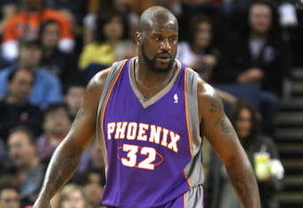 OAKLAND, CA - MARCH 15:  Shaquille O'Neal #32 of the Phoenix Suns looks on against the Golden State Warriors during an NBA game on March 15, 2009 at Oracle Arena in Oakland, California. NOTE TO USER: User expressly acknowledges and agrees that, by downloading and or using this photograph, User is consenting to the terms and conditions of the Getty Images License Agreement.  (Photo by Jed Jacobsohn/Getty Images)