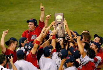 OMAHA, NE - JUNE 25:  The Fresno State Bulldogs celebrate a 6-1 win over the Georgia Bulldogs in Game 3 of the 2008 Men's College World Series Championship June 25, 2008 at Rosenblatt Stadium in Omaha, Nebraska.  (Photo by Kevin C. Cox/Getty Images)