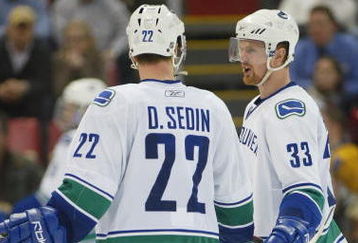 DETROIT - JANUARY 17:  The Sedin brothers Daniel #22 and Henrik #33 of the Vancouver Canucks chat prior to a faceoff in a game against the Detroit Red Wings on January 17, 2008 at the Joe Louis Arena in Detroit, Michigan. The Wings defeated the Canucks 3-2 in a shootout. (Photo by Claus Andersen/Getty Images)