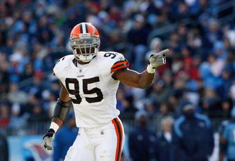 NASHVILLE, TN - DECEMBER 7:   Kamerion Wimbley #95 of the Cleveland Browns points on the field during the game against the Tennessee Titans on December 7, 2008 at LP Field in Nashville, Tennessee.  (Photo by Kevin C. Cox/Getty Images)