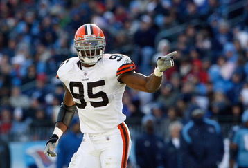 NASHVILLE, TN - DECEMBER 7:   Kamerion Wimbley #95 of the Cleveland Browns points on the field during the game against the Tennessee Titans on December 7, 2008 at LP Field in Nashville, Tennessee.  (Photo by Kevin C. Cox/Getty Images)