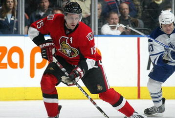 TORONTO - APRIL 11:  Dany Heatley #15 of the Ottawa Senators skates with the puck in a game against the Toronto Maple Leafs on April 11, 2009 at the Air Canada Centre in Toronto, Ontario. The Leafs defeated the Senators on the strength of a 3 goal performance by Boyd Devereaux #22. (Photo by Claus Andersen/Getty Images) 