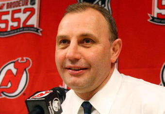 NEWARK, NJ - MARCH 17: Head coach of the New Jersey Devils, Brent Sutter, talks during a press conference after defeating the Chicago Blackhawks 3-2 at the Prudential Center on March 17, 2009 in Newark, New Jersey. (Photo by Jim McIsaac/Getty Images) 