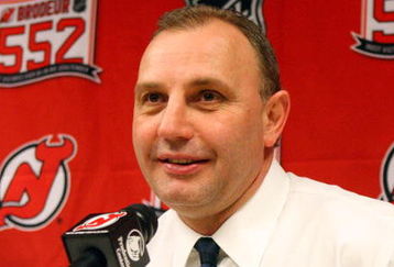 NEWARK, NJ - MARCH 17: Head coach of the New Jersey Devils, Brent Sutter, talks during a press conference after defeating the Chicago Blackhawks 3-2 at the Prudential Center on March 17, 2009 in Newark, New Jersey. (Photo by Jim McIsaac/Getty Images) 