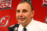 NEWARK, NJ - MARCH 17: Head coach of the New Jersey Devils, Brent Sutter, talks during a press conference after defeating the Chicago Blackhawks 3-2 at the Prudential Center on March 17, 2009 in Newark, New Jersey. (Photo by Jim McIsaac/Getty Images) 