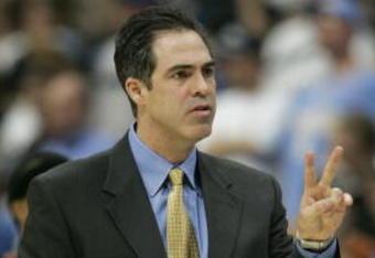 DENVER - APRIL 19:  Head coach Kevin Pritchard of the Denver Nuggets reacts during the game against the Portland Trail Blazers on April 19, 2005 at the Pepsi Center in Denver, Colorado.   The Nuggets won 119-115. NOTE TO USER: User expressly acknowledges and agrees that, by downloading and/or using this Photograph, User is consenting to the terms and conditions of the Getty Images License Agreement.(Photo by: Brian Bahr/Getty Images)
