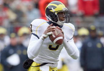 COLUMBUS, OH - NOVEMBER 22:  Steve Brown #3 of the Michigan Wolverines passes the ball during the Big Ten Conference game against the Ohio State Buckeyes at Ohio Stadium on November 22, 2008 in Columbus, Ohio.  (Photo by Andy Lyons/Getty Images)