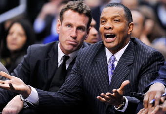 LOS ANGELES, CA - FEBRUARY 18: Interim coach Alvin Gentry of the Phoenix Suns complains from the bench as assistant coach Dan Majerle looks on during the first half against Los Angeles Clippers at the Staples Center on February 18, 2009 in Los Angeles, California.  NOTE TO USER: User expressly acknowledges and agrees that, by downloading and or using this photograph, User is consenting to the terms and conditions of the Getty Images License Agreement.  (Photo by Kevork Djansezian/Getty Images)