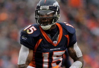 DENVER - OCTOBER 12:  Wide receiver Brandon Marshall #15 of the Denver Broncos makes a reception against the Jacksonville Jaguars during NFL action at Invesco Field at Mile High on October 12, 2008 in Denver, Colorado. The Jaguars defeated the Broncos 24-17.  (Photo by Doug Pensinger/Getty Images)