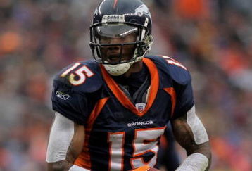 DENVER - OCTOBER 12:  Wide receiver Brandon Marshall #15 of the Denver Broncos makes a reception against the Jacksonville Jaguars during NFL action at Invesco Field at Mile High on October 12, 2008 in Denver, Colorado. The Jaguars defeated the Broncos 24-17.  (Photo by Doug Pensinger/Getty Images)