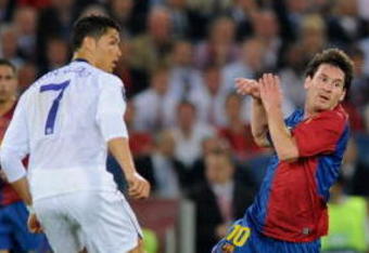 ROME, ITALY - MAY 27:  Cristiano Ronaldo (R) of Manchester United FC and Lionel Messi of Barcelona during the UEFA Champions League Final match between Barcelona and Manchester United at the Stadio Olimpico on May 27, 2009 in Rome, Italy.  (Photo by Claudio Villa/Getty Images)