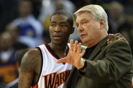 OAKLAND, CA - JANUARY 11: Head coach Don Nelson speaks with Jamal Crawford #6 of the Golden State Warriors against the Indiana Pacers during an NBA game on January 11, 2009 at Oracle Arena in Oakland, California. NOTE TO USER: User expressly acknowledges and agrees that, by downloading and or using this photograph, User is consenting to the terms and conditions of the Getty Images License Agreement. (Photo by Jed Jacobsohn/Getty Images)