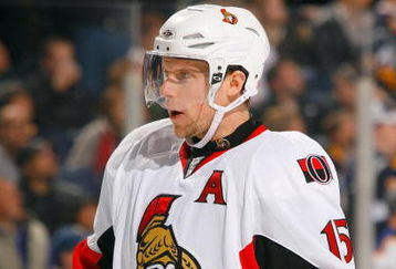 BUFFALO, NY - JANUARY:  Dany Heatley #15 of the Ottawa Senators looks on during a break in their NHL game against the Buffalo Sabres on January 6, 2009 at HSBC Arena in Buffalo, New York. The Sabres defeated the Senators 4-2. (Photo by Rick Stewart/Getty Images)