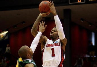 DAYTON, OH - MARCH 22:  Terrence Williams #1 of the Louisville Cardinals shoots the ball against Kenny Hasbrouck #41 the Siena Saints during the second round of the NCAA Division I Men's Basketball Tournament at the University of Dayton Arena on March 22, 2009 in Dayton, Ohio.  (Photo by Andy Lyons/Getty Images)