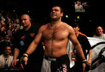 MANCHESTER, UNITED KINGDOM - APRIL 21: A victorious Gabriel Gonzaga of USA walks off after defeating Mirko Cro Cop of Croatia in a Heavyweight bout of the Ultimate Fighting Championship at the Manchester Evening News Arena on April 21, 2007 in Manchester, England. (Photo by Gary M. Prior/Getty Images)