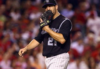 ANAHEIM, CA - JUNE 24:  Jason Marquis #21 of the Colorado Rockies comes out of the game in the fourth inning against the Los Angeles Angels of Anaheim at Angel Stadium June 24, 2009 in Anaheim, California.  (Photo by Jeff Gross/Getty Images)