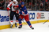 NEW YORK - APRIL 22:  Wade Redden #6 of the New York Rangers defends against Boyd Gordon #15 of the Washington Capitals  during Game Four of the Eastern Conference Quarterfinal Round of the 2009 NHL Stanley Cup Playoffs on April 22, 2008 at Madison Square Garden in New York City.  (Photo by Jim McIsaac/Getty Images)