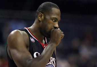 CHARLOTTE, NC - NOVEMBER 24:  Elton Brand #42 of the Philadelphia 76ers stands on the court during the game against the Charlotte Bobcats on November 24, 2008 at Charlotte Bobcats Arena in Charlotte, North Carolina.  The Bobcats won 93-84.  NOTE TO USER: User expressly acknowledges and agrees that, by downloading and/or using this Photograph, user is consenting to the terms and conditions of the Getty Images License Agreement.  (Photo by Streeter Lecka/Getty Images)