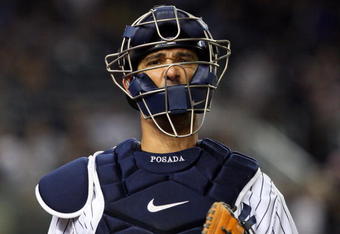NEW YORK - JUNE 17:  Jorge Posada #20 of the New York Yankees looks on against the Washington Nationals on June 17, 2009 at Yankee Stadium in the Bronx borough of New York City.  (Photo by Jim McIsaac/Getty Images)