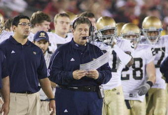 LOS ANGELES - NOVEMBER 29:  Head coach Charlie Weis of the Notre Dame Fighting Irish looks on from the sideline against the USC Trojans on November 29, 2008 at the Los Angeles Memorial Coliseum in Los Angeles, California.  USC won 38-3.  (Photo by Jeff Golden/Getty Images)