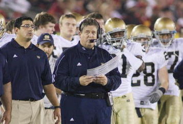 LOS ANGELES - NOVEMBER 29:  Head coach Charlie Weis of the Notre Dame Fighting Irish looks on from the sideline against the USC Trojans on November 29, 2008 at the Los Angeles Memorial Coliseum in Los Angeles, California.  USC won 38-3.  (Photo by Jeff Golden/Getty Images)