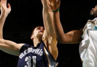 NEW ORLEANS - DECEMBER 07:  Melvin Ely #33 of the New Orleans Hornets makes a shot over Darko Milicic #31 of the Memphis Grizzlies on December 7, 2007 at the New Orleans Arena in New Orleans, Louisiana.  The Hornets defeated the Grizzlies 118-116.    NOTE TO USER: User expressly acknowledges and agrees that, by downloading and/or using this Photograph, user is consenting to the terms and conditions of the Getty Images License Agreement.  (Photo by Chris Graythen/Getty Images)
